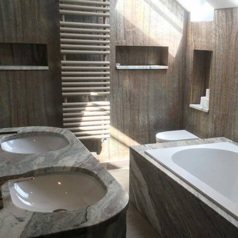 Marble Bathroom with Twin Sink & Brass Taps & Fittings