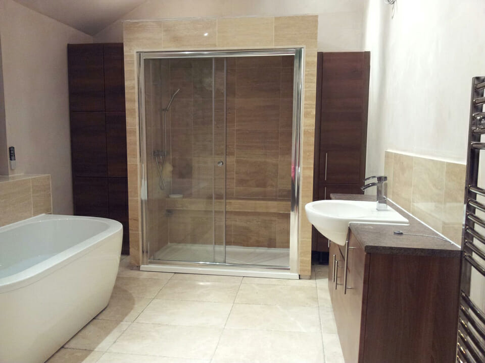 Walk-In Shower with Freestanding Bath & Bespoke Sink & Storage Cupboards
